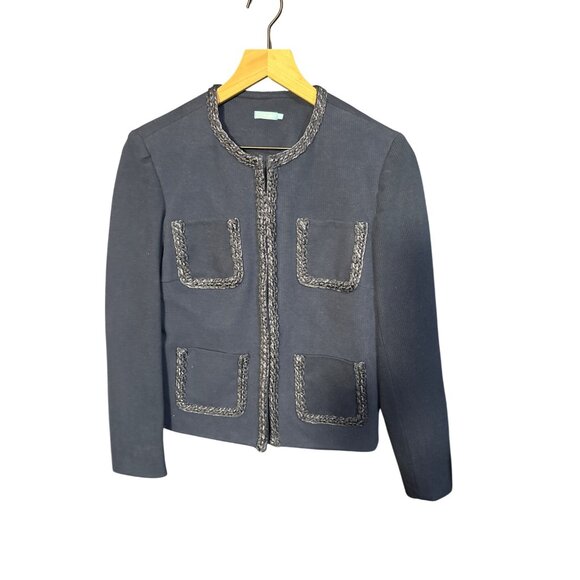 J.McLaughlin Navy Blue Ribbed Knit Jacket With Braided Trim Open Front 4 Pockets - Picture 2 of 6